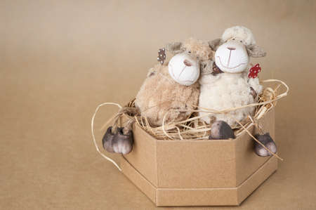 souvenir toy lamb in a cardboard box on a brown backgroundの写真素材