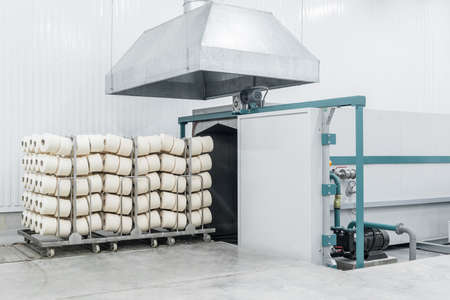 trolley with finished products in the drying room at the textile factory