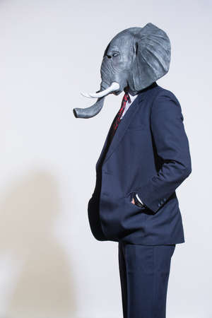 A man in a suit and an elephant mask on a light background. Conceptual business backgroundの写真素材