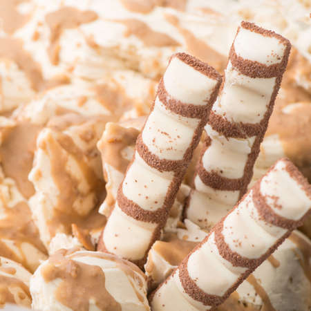 close-up of appetizing ice cream with candy, macro photographyの写真素材