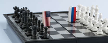 Symbols flag of Russia and the United States on the chessboard. The concept of political game.の写真素材