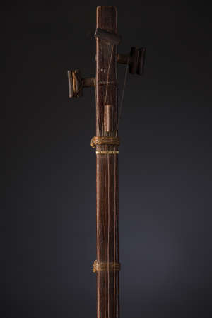 ancient Asian stringed musical instrument on black background with backlight. tuning peg