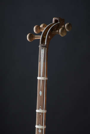 ancient Asian stringed musical instrument on black background with backlight. tuning pegの写真素材