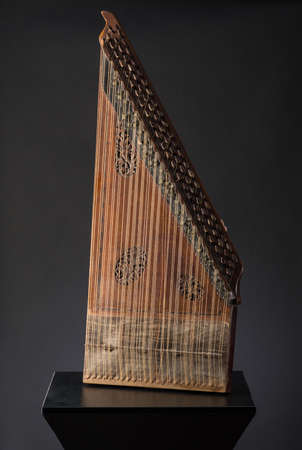 ancient Asian stringed musical instrument on black background with backlight. the similarity of the...