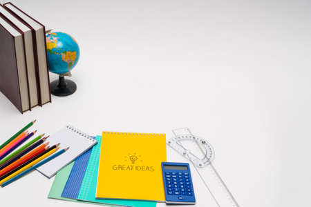 colorful collection of school supplies set on white background. back to school. top viewの写真素材