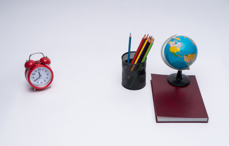 colorful collection of school supplies set on white background. back to school. great ideasの写真素材