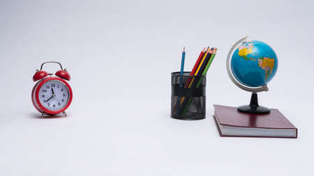 colorful collection of school supplies set on white background. back to school. great ideasの写真素材