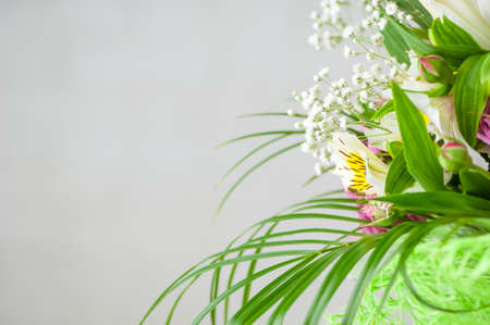 A closeup of beautiful alstroemeria and baby's breath flowers isolated on a white backgroundの写真素材