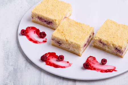 A serving of delicious vanilla rapsberry cake on a white plate