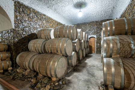 The wooden wine barrels in a wine factory