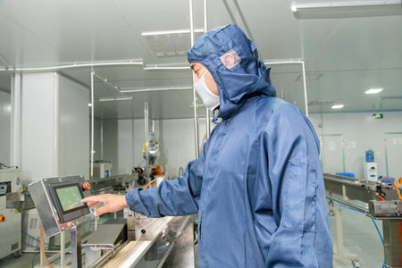 The worker in the workshop for the production of medical syringes and droppers
