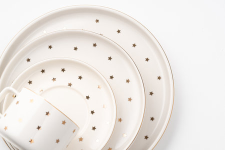 A set of ceramic tableware isolated on white backgroundの写真素材