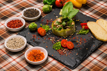 A closeup of serving table with tasty mushroom salad with vegetables, bread and spices on black boardの写真素材
