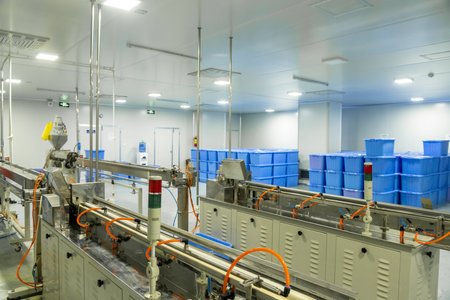 A factory of production of medical syringes and droppers, with equipment and blue containers in the...