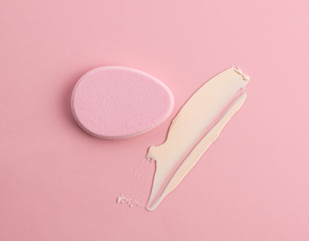 Cosmetic sponge in the shape of an egg on a pink background. top viewの写真素材