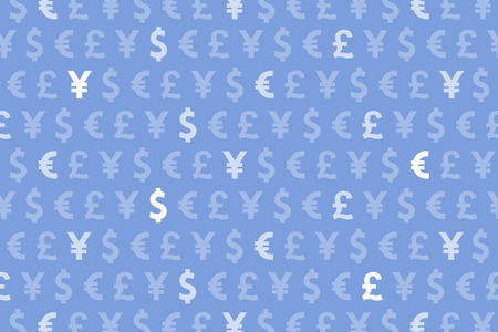 Blue Dollar Euro Yen Pound Currencies Pattern Backgroundの写真素材