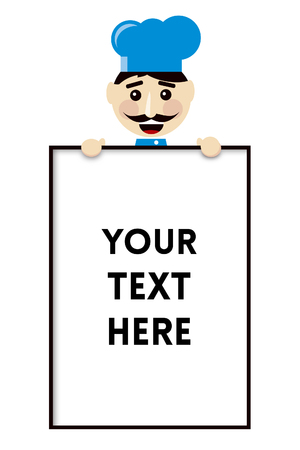 Smiling Chef with Blue Hat Holding a Large Menu Board Mockup Illustration on White Backgroundの写真素材