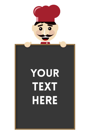 Smiling Chef with Red Hat Holding a Large Menu Board Mockup Illustration on White Backgroundの写真素材