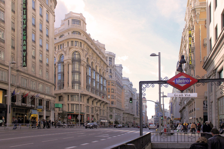 Day View of Gran Via Street in Madrid, Spainのeditorial素材