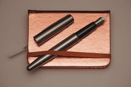 Copper note pad and stainless steel fountain pen.