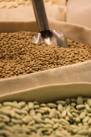 Macro detail of legumes baskets in a street marketの写真素材