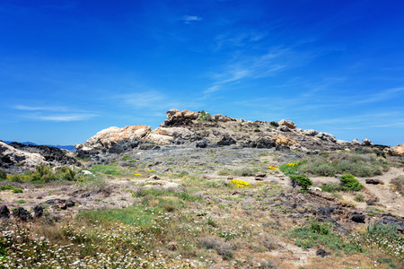 panoramic view of the rock coast on the Mediterranean sea in the natural park of Cap de Creus in Catalonia (Spain)の写真素材