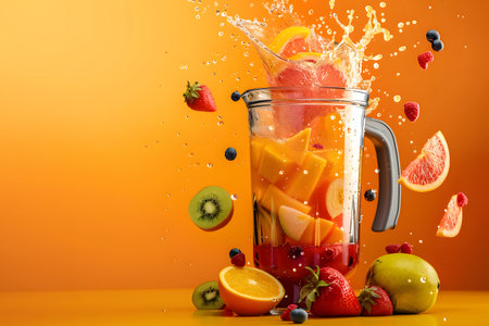 Blender with fruit flying, isolated on orange background, fruit juice and splash. Generate AIの素材