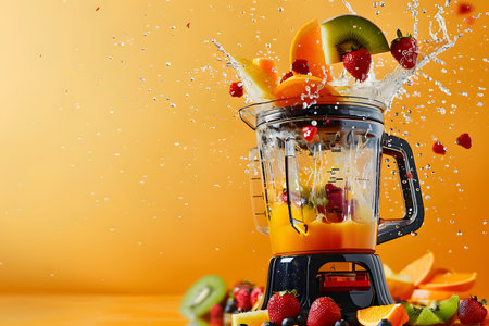 Blender with fruit flying, isolated on orange background, fruit juice and splash. Generate AIの素材