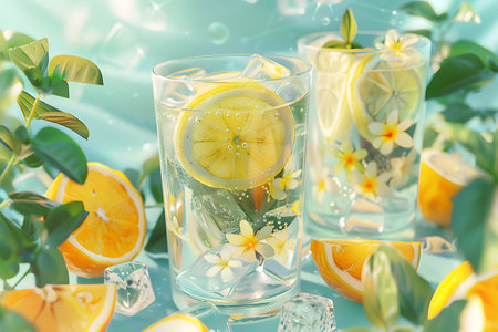 Soda water with lemon slices or citrus fruit and mint herbs infused sassi water for detox or dieting. Generate AIの素材