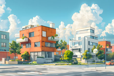 Modern contemporary style miniature painting illustration of generic building or residential neighborhood. Generate AIの素材