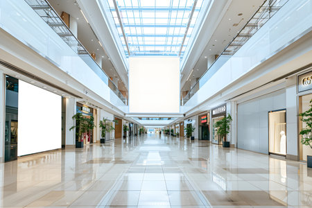 Huge big white mockup blank screen at a shopping mall or center with people. Generate AIの素材