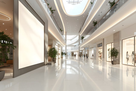 Huge big white mockup blank screen at a shopping mall or center with people. Generate AIの素材