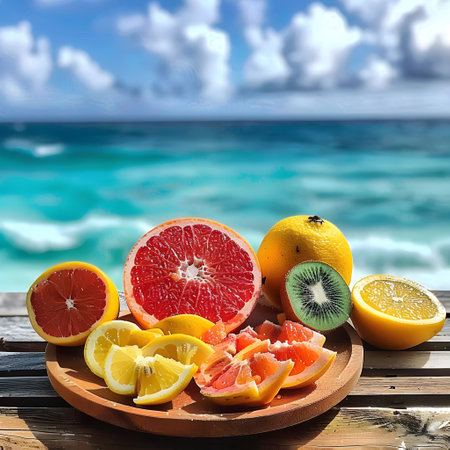 Perfectly sliced and peeled tropical fruit on a table with a background of a Caribbean beach. Generate AIの素材