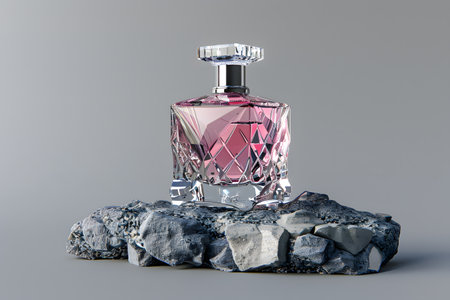 Luxury perfume mockup glass bottle with chrome cap and crystal body on rock display. Generate AIの素材