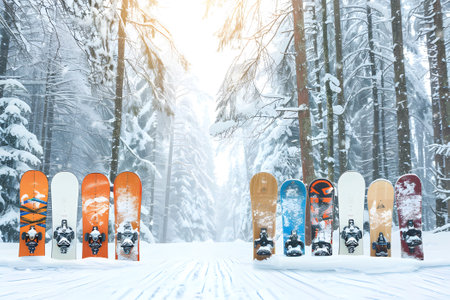 Group of snowboards with different designs in a raw with snow forest background. Generate AIの素材