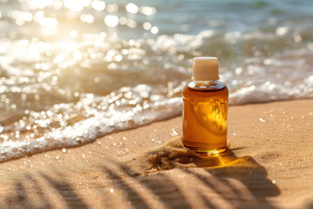 Tanning oil on sandy beach with copyspace area. Generate AIの素材