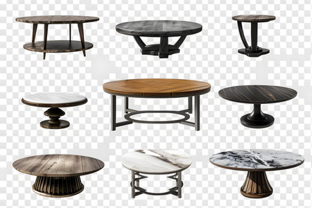 Collection Set of different styles of retro vantage wood and modern steel marble coffee tables furniture. Generate AIの素材