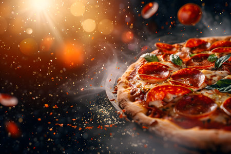 Fresh pizza pepperoni margarita our from the oven with flying ingredients and spices hot ready to serve and eat food. Generate AIの素材
