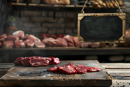 Meat cuts selection displayed in wooden ray at a butcher shop or a supermarket section with empty price or name tag. Generate AIの素材
