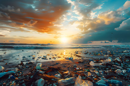 Beach full of garbage and plastic waste for environmental and recycle. Generate AIの素材
