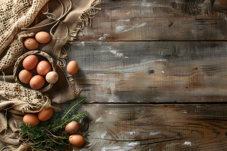 Cardboard package container of fresh brown eggs on rustic wooden table. Generate AIの素材