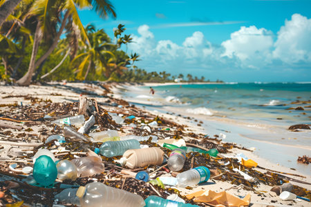 Beach full of garbage and plastic waste for environmental and recycle. Generate AIの素材
