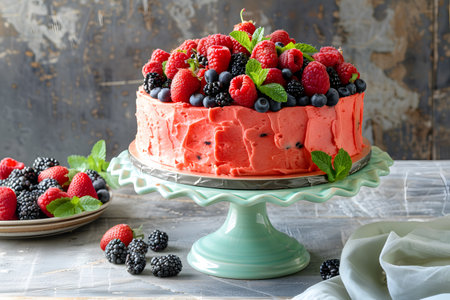 Watermelon fresh sugar free cake with mixed berries on a cake stand. Generate AIの素材