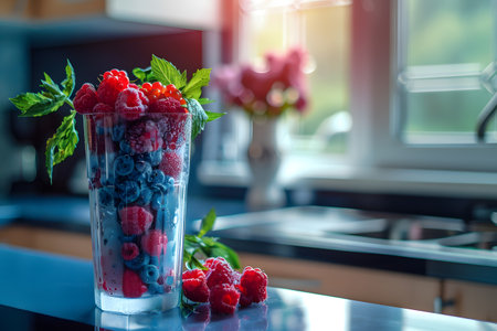 Make a smoothie with berries in the kitchen. Generate AIの素材