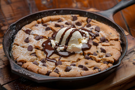 Skillet Chocolate Chip Cookie baked in a frying pan with chocolate syrup and vanilla ice cream topping. Generate AIの素材