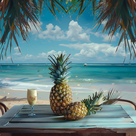 A perfectly pineapple on a table with a background of a Caribbean beach. Generate AIの素材