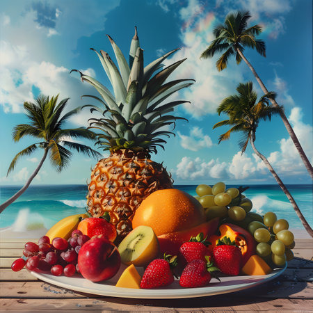 Perfectly sliced and peeled tropical fruit on a table with a background of a Caribbean beach. Generate AIの素材