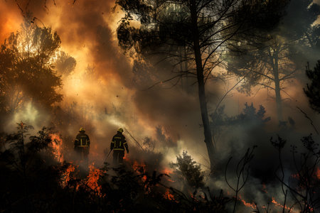 Illustration of firefighters extinguishing a forest fire. Generate AIの素材
