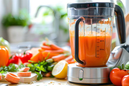 Food preparation in the blender, smooth and silky vegetables puree, baby food. Generate AIの素材