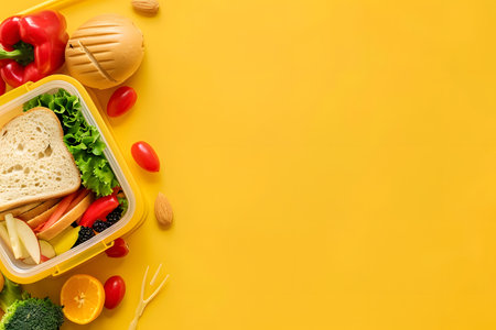 Healthy plastic school lunch box of sandwich, fruits and vegetables, plastic organic eating lunchbox for kids or break snack time. Generate AIの素材